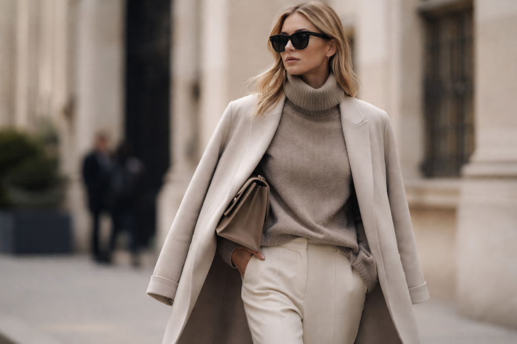 Woman wearing neutral camel coat and beige knitwear, quiet luxury style