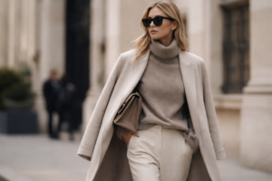 Woman wearing neutral camel coat and beige knitwear, quiet luxury style