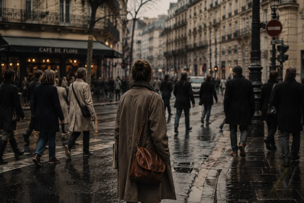 A woman standing quietly on a rainy city street as people walk past, symbolizing individuality and personal style in modern fashion.